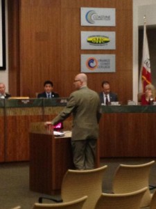 Huntington Beach Councilman Matt Harper speaks against the proposed Project Labor Agreement at the March 6, 2013 meeting of the Coast Community College District