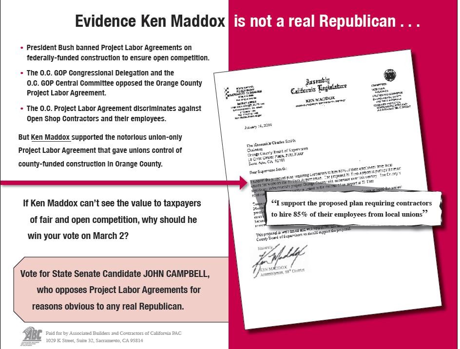 Back of 2004 campaign mailer exposing Ken Maddox’s support for the Orange County Project Labor Agreement.